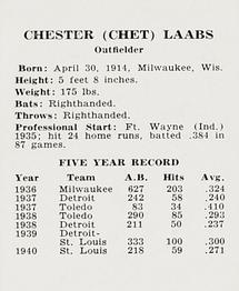 1941 St. Louis Browns (W753) #NNO Chet Laabs Back
