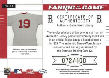 2003 Leaf Certified Materials - Fabric of the Game Base #FG-61 Fred Lynn Back