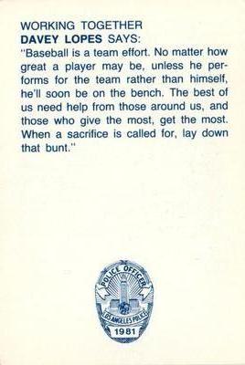 1981 Los Angeles Dodgers Police #NNO Davey Lopes Back