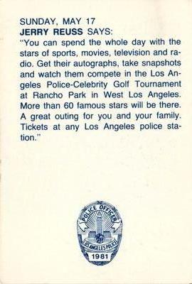 1981 Los Angeles Dodgers Police #NNO Jerry Reuss Back