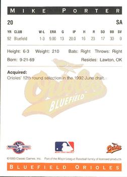 1993 Classic Best Bluefield Orioles #20 Mike Porter Back