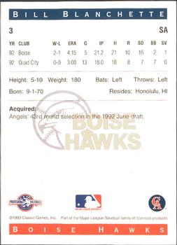 1993 Classic Best Boise Hawks #3 Bill Blanchette Back
