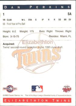 1993 Classic Best Elizabethton Twins #1 Dan Perkins Back
