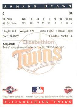 1993 Classic Best Elizabethton Twins #6 Armann Brown Back