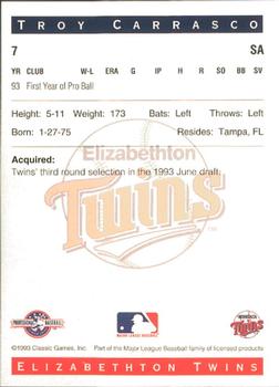 1993 Classic Best Elizabethton Twins #7 Troy Carrasco Back