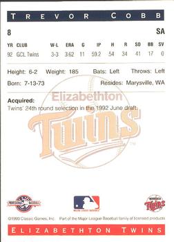 1993 Classic Best Elizabethton Twins #8 Trevor Cobb Back