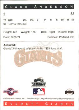 1993 Classic Best Everett Giants #2 Clark Anderson Back