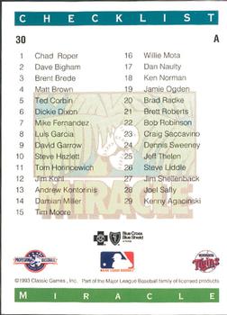 1993 Classic Best Fort Myers Miracle #30 Checklist Back