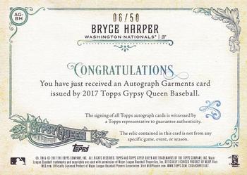 2017 Topps Gypsy Queen - Autograph Garments #AG-BH Bryce Harper Back