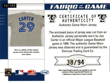 2003 Leaf Certified Materials - Fabric of the Game Jersey Year #FG-103 Joe Carter Back