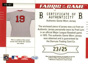 2003 Leaf Certified Materials - Fabric of the Game Inscription #FG-61 Fred Lynn Back
