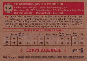 2001 Topps Heritage #314 Francisco Cordero Back