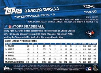 2017 Topps Toronto Blue Jays #TOR-5 Jason Grilli Back
