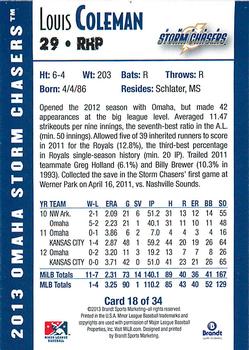 2013 Brandt Omaha Storm Chasers #18 Louis Coleman Back
