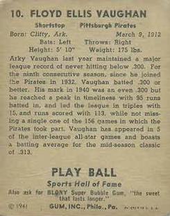 1941 Play Ball #10 Arky Vaughan Back