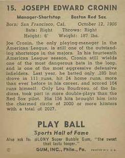 1941 Play Ball #15 Joe Cronin Back