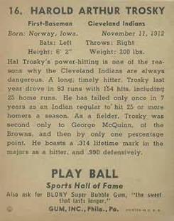 1941 Play Ball #16 Hal Trosky Back