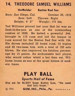 1941 Play Ball #14 Ted Williams Back