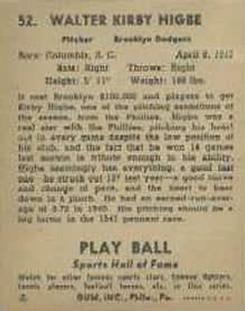 1941 Play Ball #52 Kirby Higbe Back
