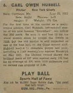 1941 Play Ball #6 Carl Hubbell Back