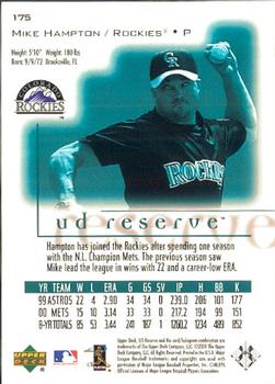 2001 UD Reserve #175 Mike Hampton Back