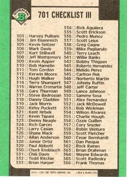 1991 Bowman #701 Checklist III: 245-366 Back