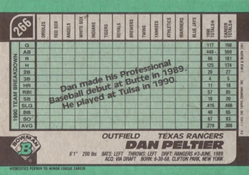 1991 Bowman #266 Dan Peltier Back