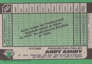 1991 Bowman #485 Andy Ashby Back