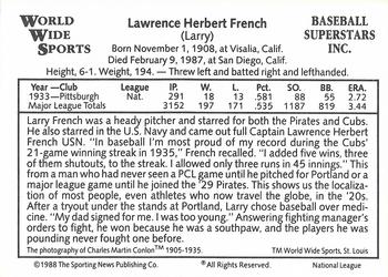 1988 Conlon World Wide Sports National All-Stars #NNO Larry French Back