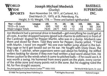 1988 Conlon World Wide Sports National All-Stars #NNO Joe Medwick Back