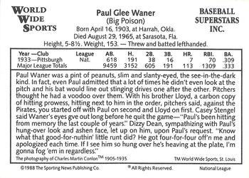 1988 Conlon World Wide Sports National All-Stars #NNO Paul Waner Back
