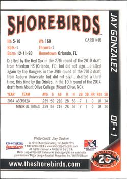 2015 Choice Delmarva Shorebirds #10 Jay Gonzalez Back