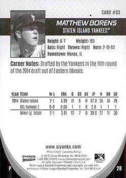 2015 Choice Staten Island Yankees #3 Matthew Borens Back