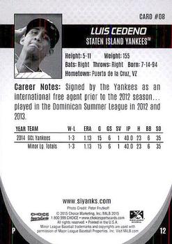 2015 Choice Staten Island Yankees #8 Luis Cedeno Back