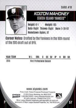 2015 Choice Staten Island Yankees #19 Kolton Mahoney Back