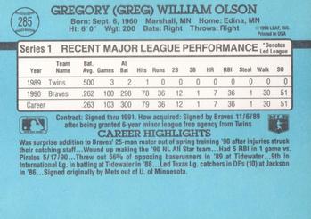 1991 Donruss #285 Greg Olson Back