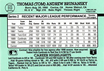 1991 Donruss #513 Tom Brunansky Back