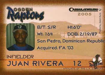 2005 Ogden Raptors #NNO Juan Rivera Back