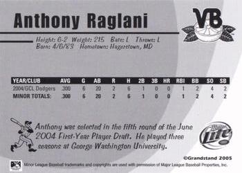 2005 Grandstand Vero Beach Dodgers #NNO Anthony Raglani Back