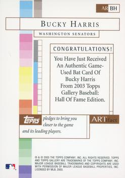 2003 Topps Gallery Hall of Fame - Artifact Relics #ARBH Bucky Harris Back