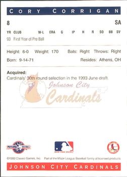 1993 Classic Best Johnson City Cardinals #8 Cory Corrigan Back