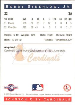 1993 Classic Best Johnson City Cardinals #22 Bobby Strehlow, Jr. Back