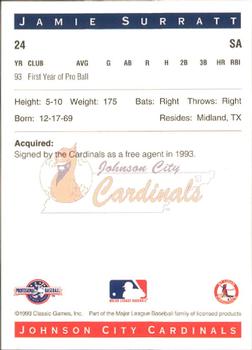 1993 Classic Best Johnson City Cardinals #24 Jamie Surratt Back