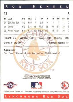 1993 Classic Best Lynchburg Red Sox #12 Rob Henkel Back