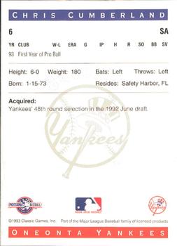 1993 Classic Best Oneonta Yankees #6 Chris Cumberland Back