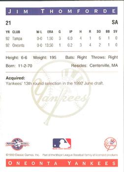 1993 Classic Best Oneonta Yankees #21 Jim Thomforde Back
