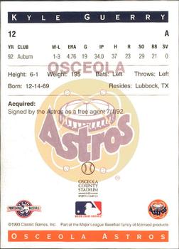 1993 Classic Best Osceola Astros #12 Kyle Guerry Back