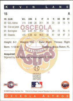 1993 Classic Best Osceola Astros #15 Kevin Lane Back