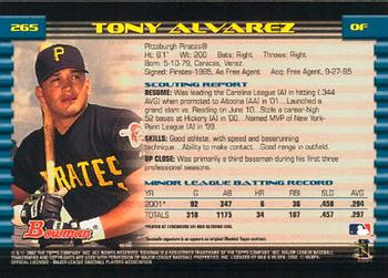 2002 Bowman #265 Tony Alvarez Back