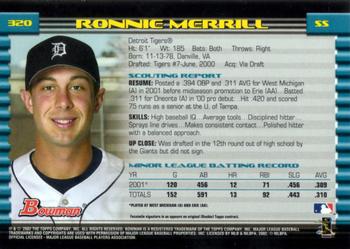 2002 Bowman #320 Ronnie Merrill Back